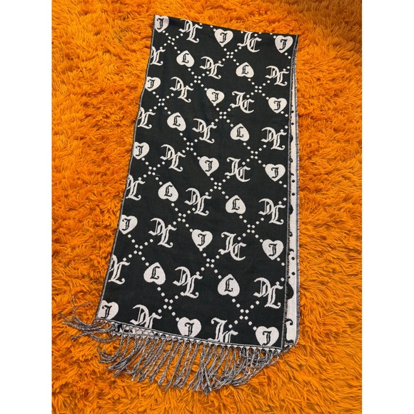 Juicy Couture Accessories - Juicy Couture Reversible Monogram Heart Knit Scarf Black Pink Gothic Logo Fringe